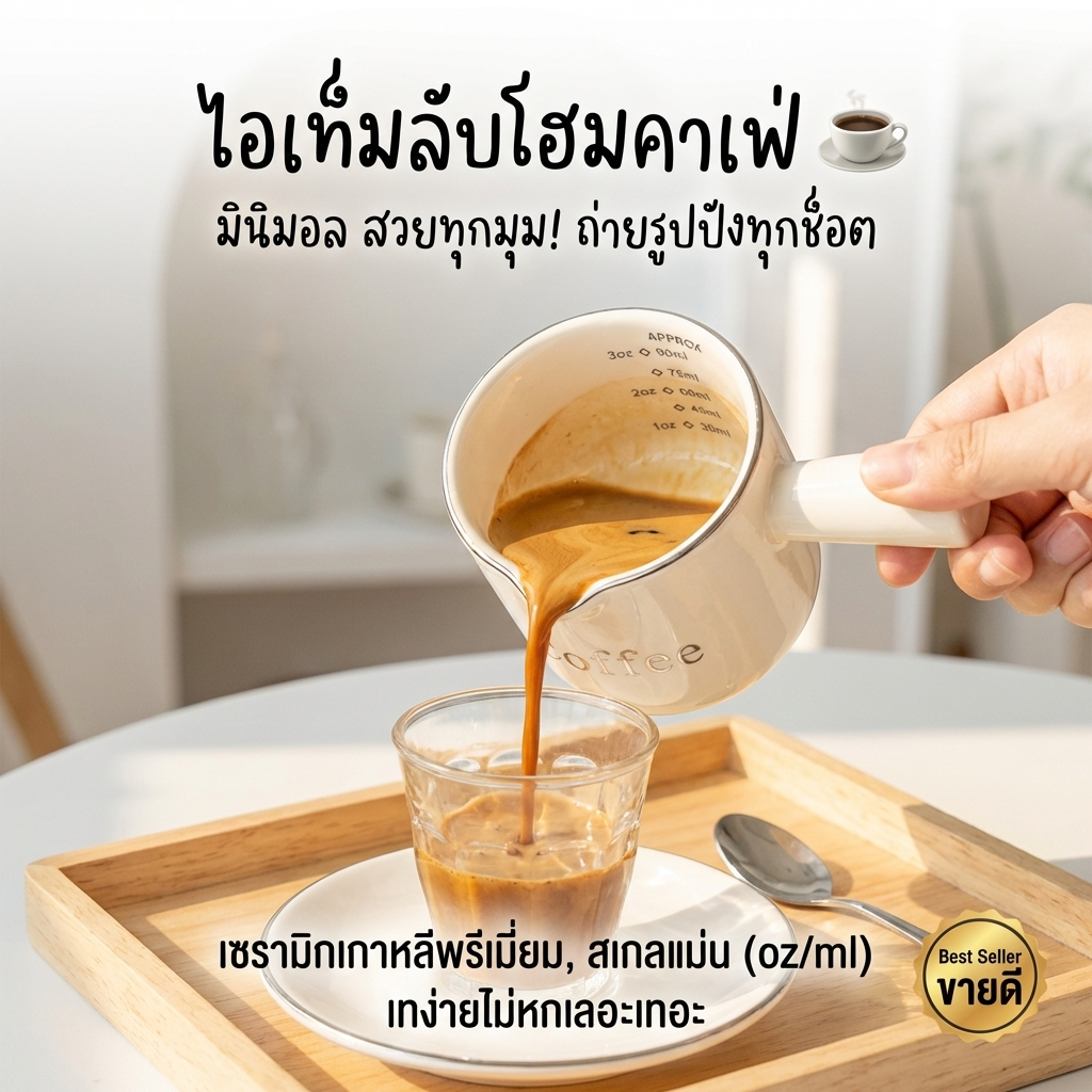 แก้วตวงกาแฟ เซรามิคมินิมอล ขอบทอง มีสเกล 90ml/3oz ปากนกอินทรี สำหรับสกัดช็อตเอสเปรสโซ่ ถ้วยตวงนม