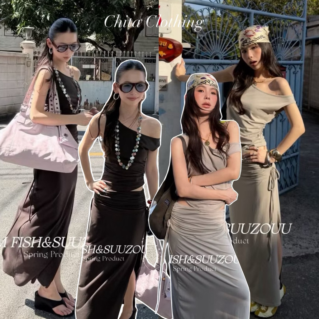 📍พร้อมส่ง📍26L SU052 เซ็ท2ชิ้น เสื้อกล้ามทรงปาดไหล่จับจีบช่วงเอว มาพร้อมกระโปรงข้างเอวมีเชือกรูดข้าง Tag MM Fish🇰🇷