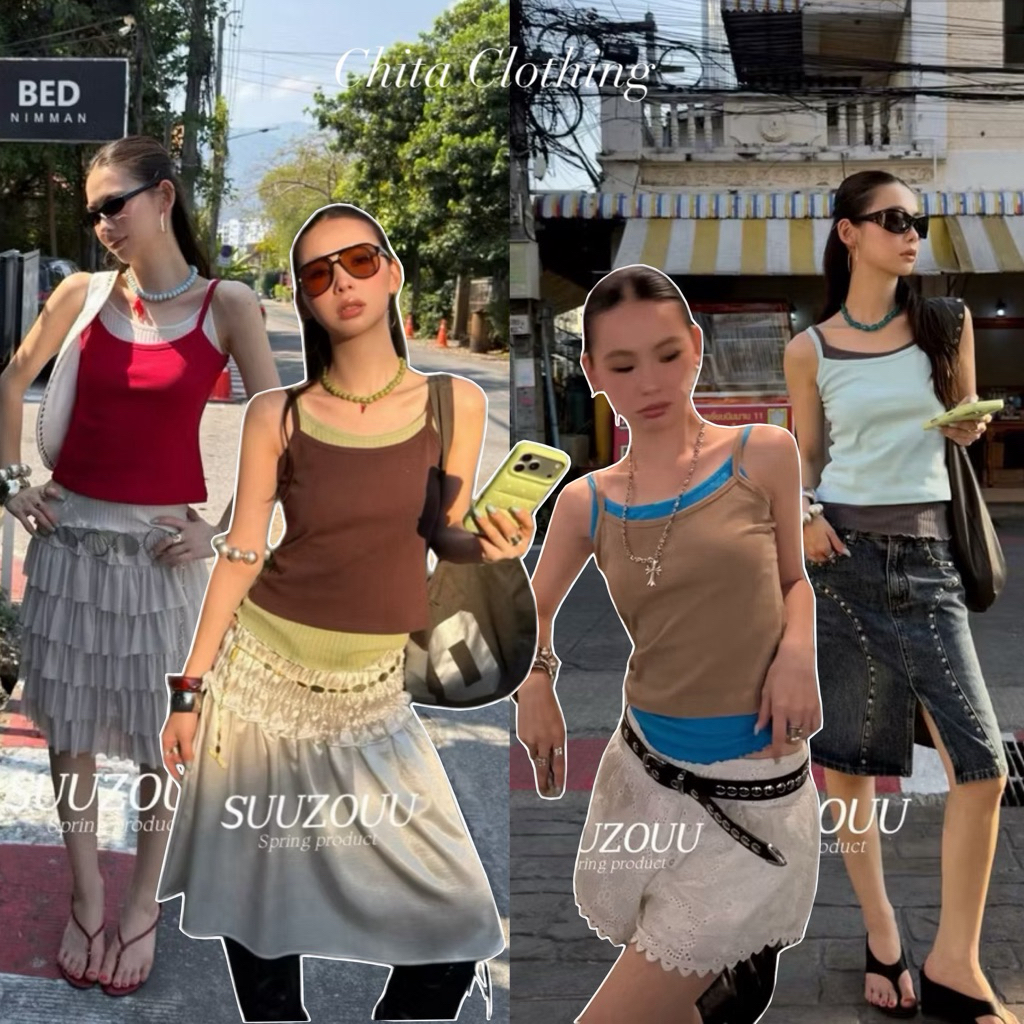 📍พร้อมส่ง📍SU087 26T 🇰🇷เสื้อสายเดี่ยว 2 ชิ้น ตัวนึงทรงสั้น ตัสนึงทรงยาว ใส่แมทซ์คู่สีกัน Tag MMfish🇰🇷