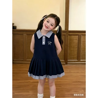 AY244 เดรสเด็กหญิงทรงเจ้าหญิง คอปกน่ารัก ผ้าใส่สบาย สีขาว กรมท่า