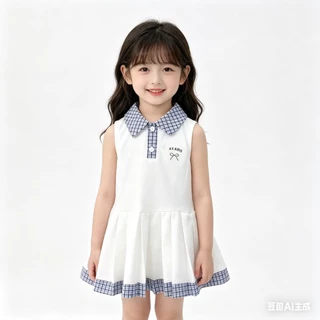MC244 เดรสเด็กหญิงทรงเจ้าหญิง คอปกน่ารัก ผ้าใส่สบาย สีขาว กรมท่า