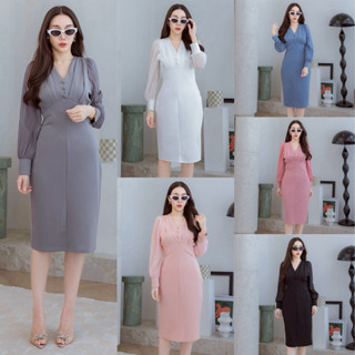 284 เดรสคอวีจับจีบอก แขนยาวชีฟองแต่งกระดุมปั้มกลางอก (ผ้าเทพ…