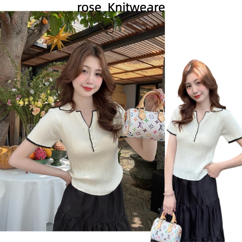 rosecloud เสื้อไหมพรมแขนสั้นสไตล์เกาหลีใหม่ เสื้อโปโลไหมพรมมีซิปด้านหน้า เสื้อคอปกมีซิป