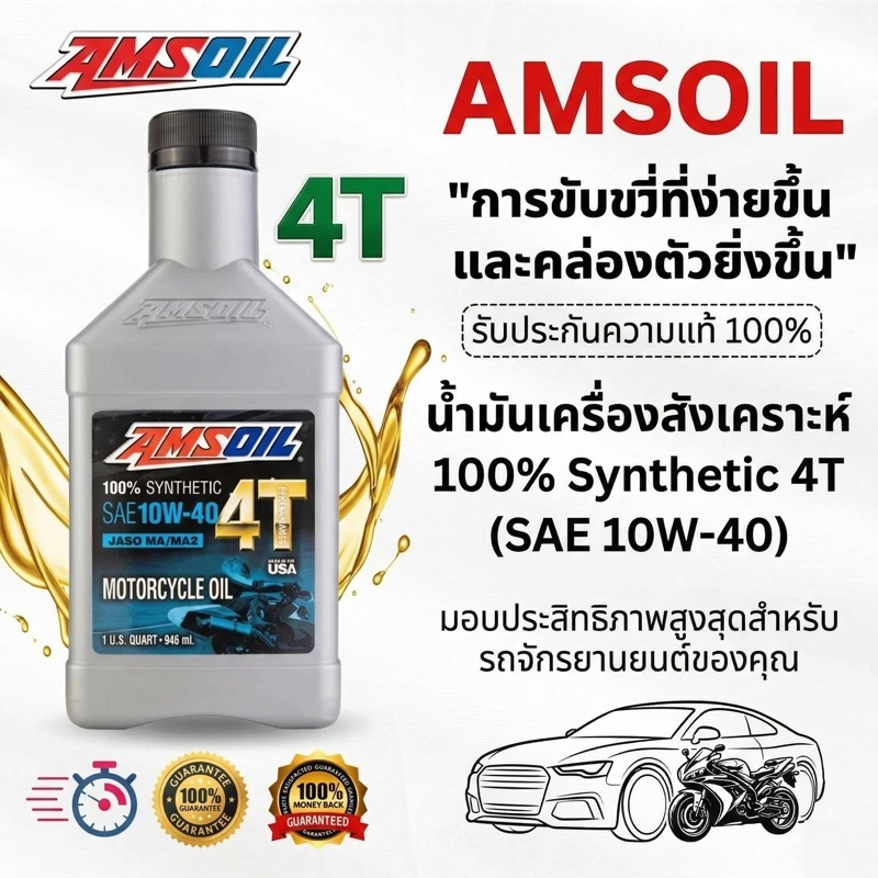 【ของแท้100%】น้ำมันเครื่องมอไซค์ Amsoil SAE 20W-50 10W-40 4T 946ml น้ำมันเครื่องสังเคราะห์ 100%