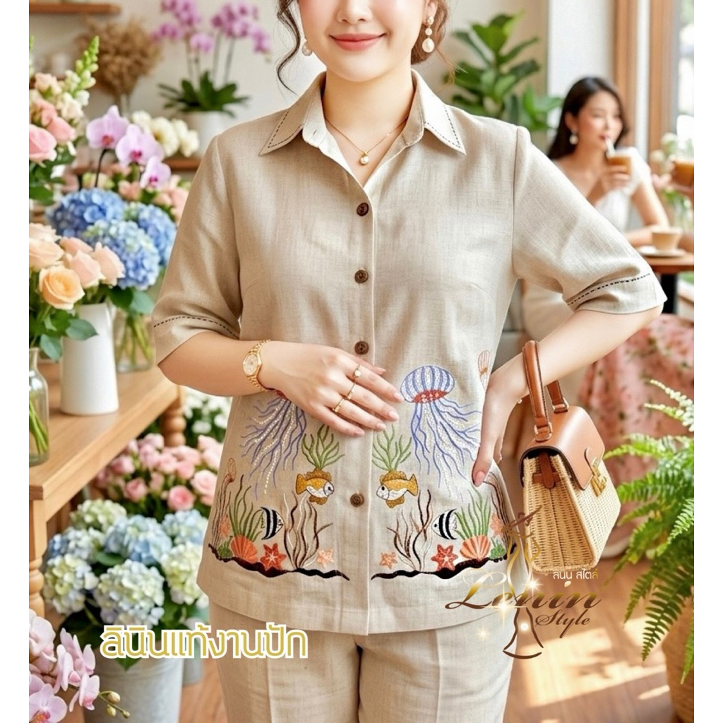 เสื้อลินิน เสื้อคอปก เสื้อผู้ใหญ่ เสื้อลินินลายปัก