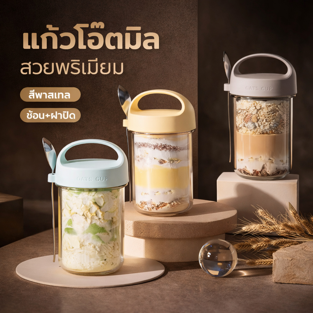 ถ้วยอาหารเช้า แก้วน้ำพกพา พร้อมฝาปิดและช้อน ชามข้าวโอ๊ต 430 มล. แก้วปิดผนึกแบบพกพา ชามซีเรียล