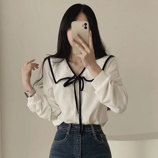 เสื้อเชิ้ตแขนยาวคอปกผูกโบว์น่ารัก เสื้อเชิ้ตคอตุ๊กตาสีเบจผูกโปว์แขนยาว ใหม่ เสื้อผ้าแฟชั่นเกาหลีผู้หญิง เก๋ ระดับไฮเอนด์