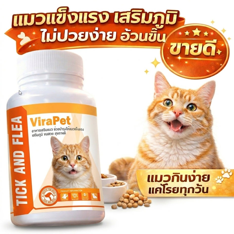 Virapet อาหารเสริมแมวผอม ไม่ป่วยง่าย เบื่ออาหาร เสริมภูมิ   ขนสวย บำรุงแมว Beta Glucan+Lysine 50g