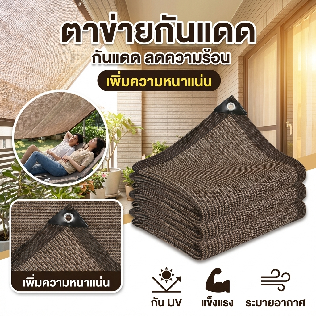 ตาข่ายกันแดดกลางแจ้ง UV ป้องกันฝน กันความร้อน สำหรับสวนและลาน 1×3–3×6 ม.