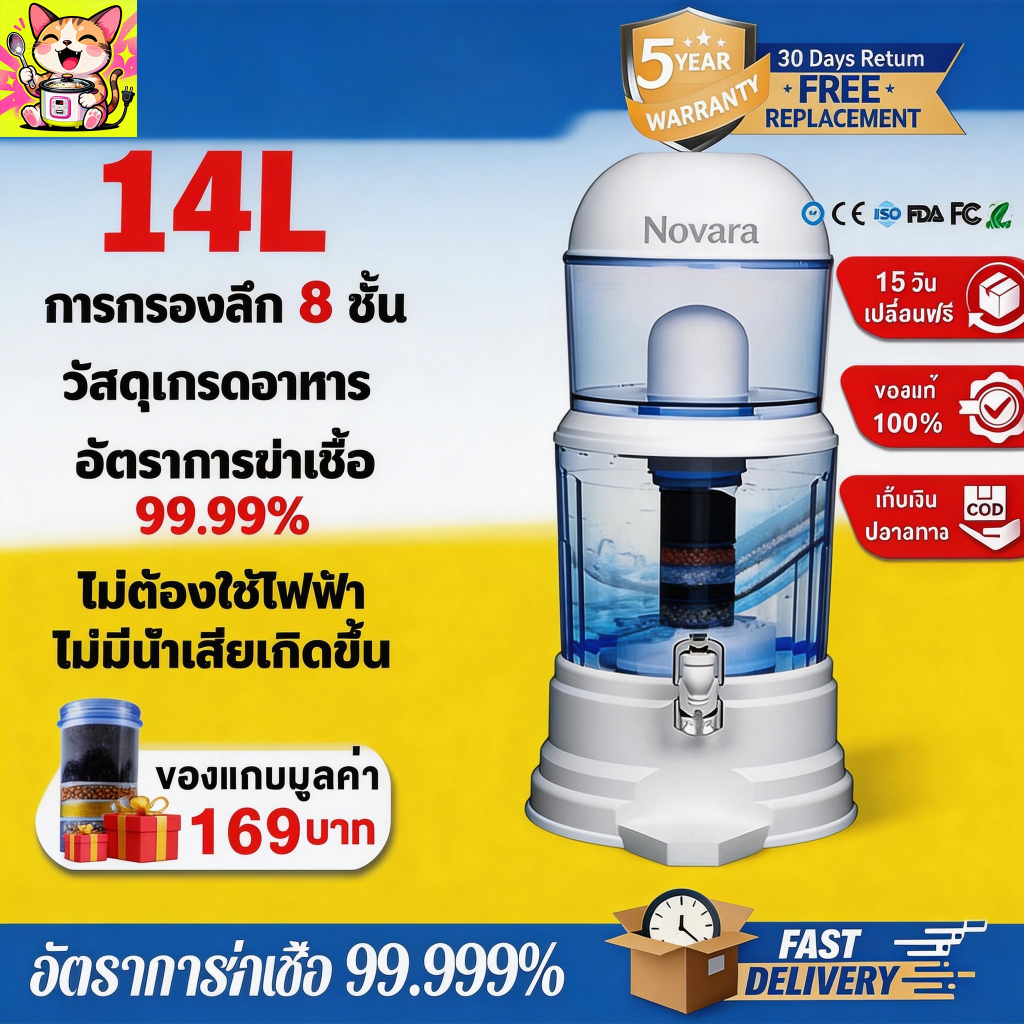 เครื่องกรองน้ำ 14L ลิตร เครื่องกรองน้ําดื่ม ไส้กรอง 8 ชั้น กรองเชื้อโรค 99.99% กรองแบคทีเรียและไวรัสได้อย่างมีประสิทธิภา