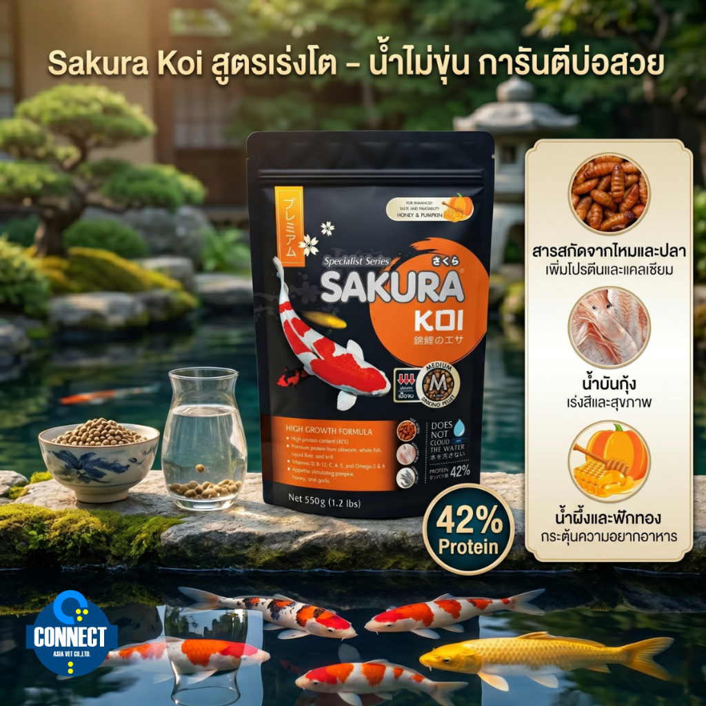 อาหารปลาคราฟ ซากุระโค่ย sakura koi เร่งโต โปรตีน 42% high growth  550 กรัม ( ขนาดเม็ด M = 4MM )