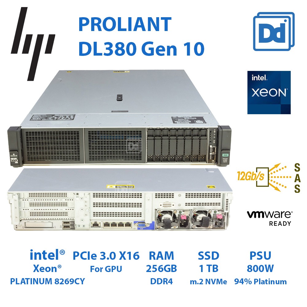 เซิร์ฟเวอร์ HP Proliant DL380 Gen10 intel XEON PLATINUM 8269CY 52C 104T RAM 256GB SSD1TB USED SERVER