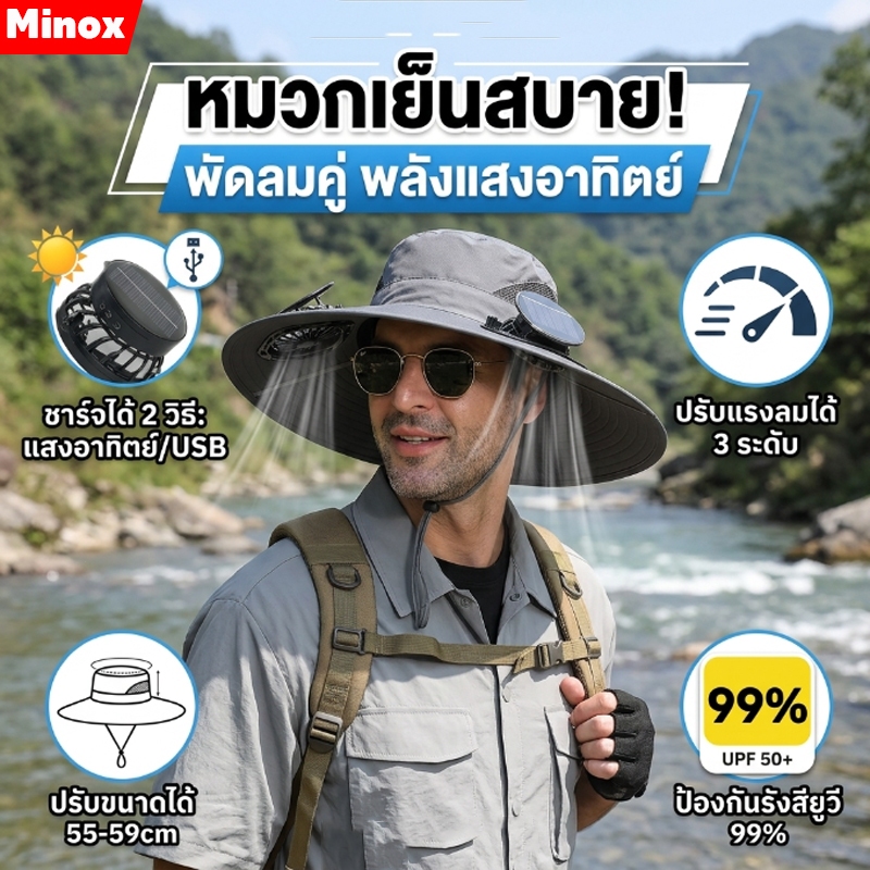 หมวกพัดลมพลังงานแสงอาทิตย์ UPF50+ หมวกกันแดด หมวกปีกใหญ่ ถอดออกได้ ป้องกันความร้อนและป้องกันรังสียูวี