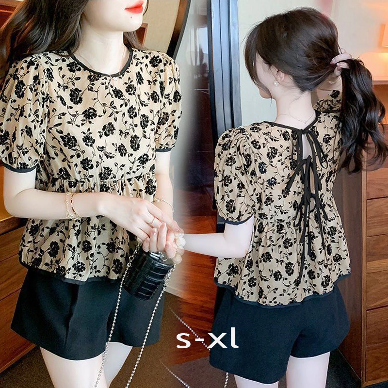 Dahong W682 เสื้อแขนสั้นลายดอกไม้ คอกลม ทรงหลวม