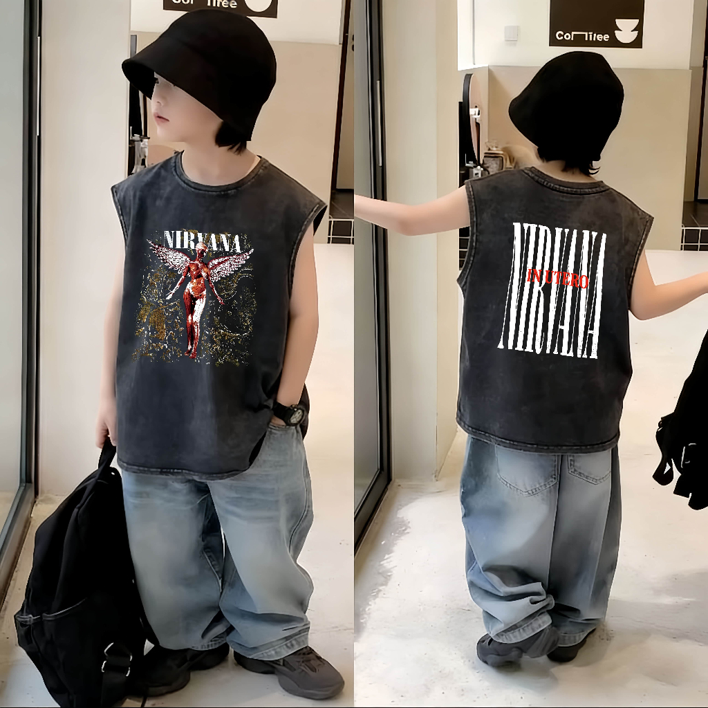 เสื้อตัวกลมลายพิมพ์ชาย แบบยีนส์ลุครีทูร์น ไม่มีแขน เส้นเอว T ผ้าสบายและนุ่ม ยอดนิยมในช่วงฤดูร้อน