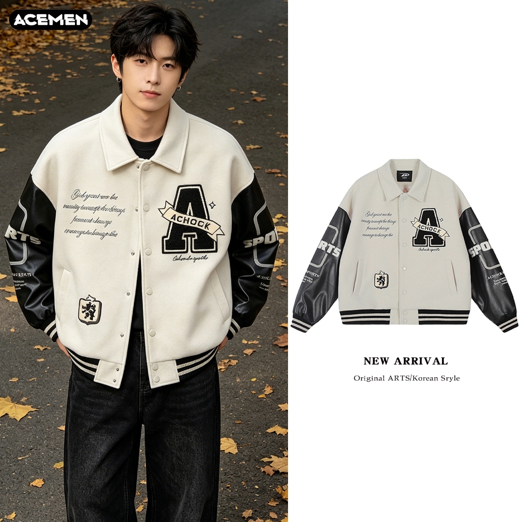 AceMenเสื้อแจ๊คเก็ตผู้ชาย แจ็กเก็ตเบสบอล พิมพ์ลายตัวอักษร ทรงหลวม ใส่แนวสตรีท พร้อมส่ง