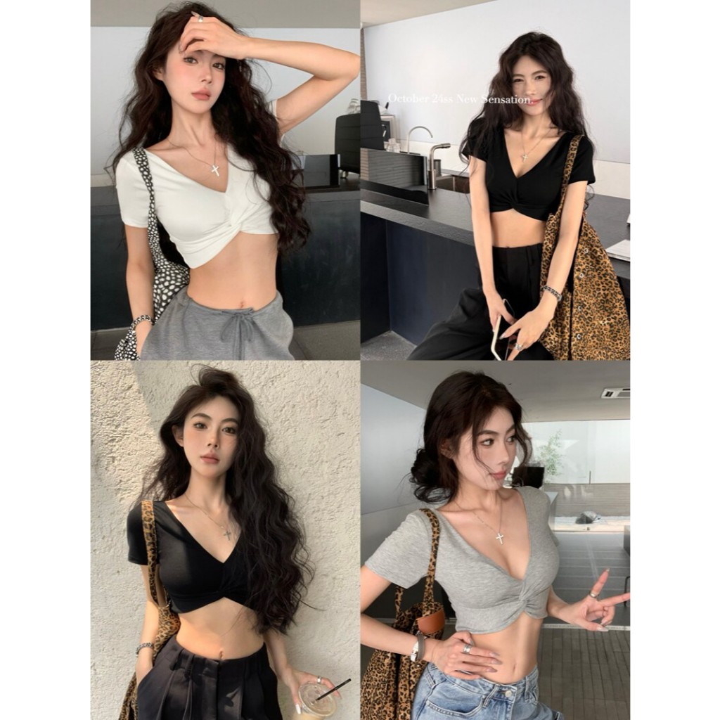 เสื้อยืดคอวี เสื้อสั้นโชว์เอว สไตล์Y2K สไตล์สวยเซ็กซี่ เซ็กซี่รัดรูป #1502427