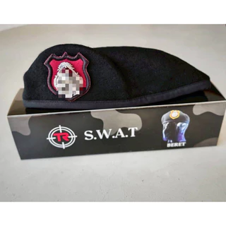 เบเร่ต์จัดทรงสีดำ เบเร่ต์ S.W.A.T หน้าหมวก+เข็มโลหะ