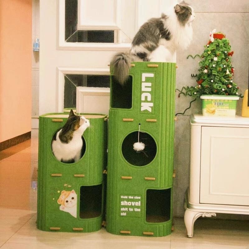 บ้านแมว 2 ชั้น/3 ชั้น All-in-one Pet House สไตล์ญี่ปุ่นทนทานสีเขียวทรงกระบอก Cat Bed ทนต่อการขีดข่วน ทนต่อการสึกหรอ