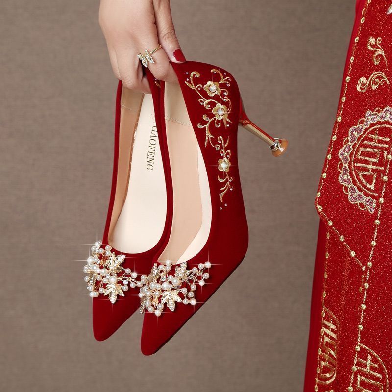 High Heels - Red High Heels for Women 2025 New Chinese style Xiuhe Wedding Shoes for Brides, Wearing