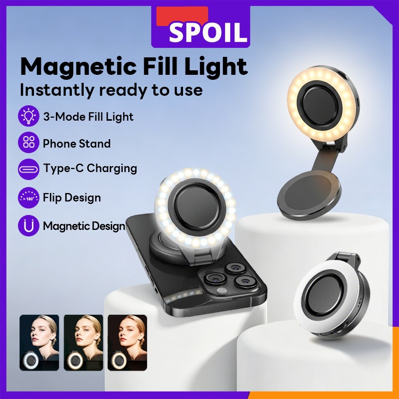 Spoil ไฟเสริม selfie แบบแม่เหล็กติดมือถือ ไฟแต่งหน้า LED หรี่แสงได้ 3 ระดับ หมุนได้ 180° พกพาสะดวก ไฟถ่ายรูป ไฟ