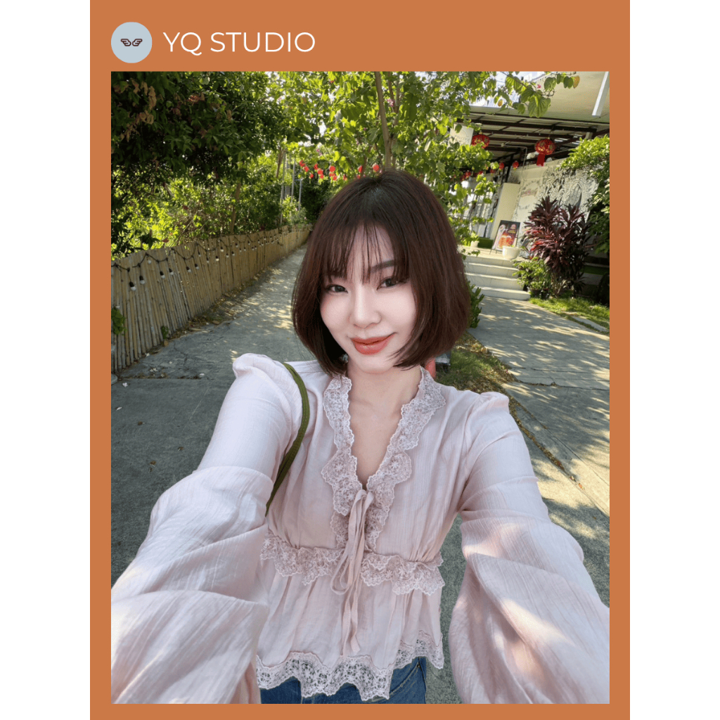 MG918 Aria Top เสื้อคอวีแขนยาวระบายลูกไม้ฉลุ ป้ายYQ