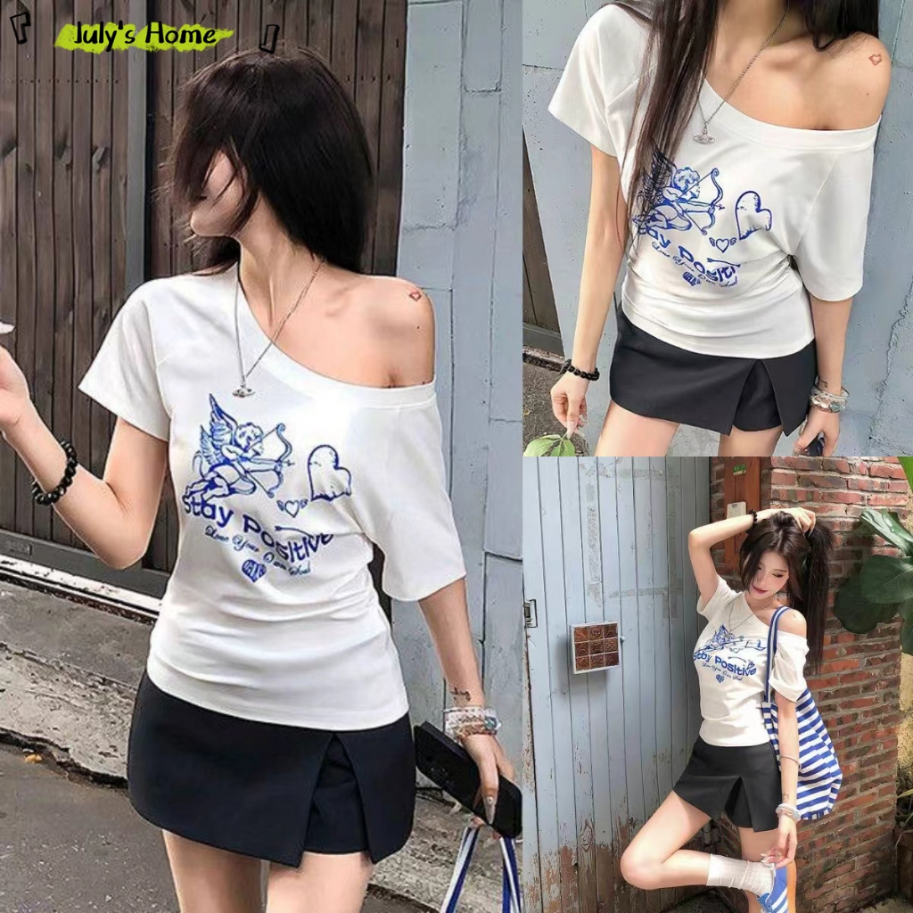 เสื้อแขนสั้น เสื้อเปิดไหล่ ลายคิวปิด สไตล์สาวสวย แฟชั่นผู้หญิง รัดรูปผอม#J2445