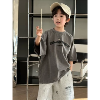 [ส่งไวจากไทย] *แค่เสื้อ*เสื้อยืดแขนสั้นเด็กชาย เสื้อคอกลม งานปักช่วงอก ทรงโอเวอร์ไซส์ เท่ๆ สไตล์เกาหลี เหมาะสำหรับ3-12ปี