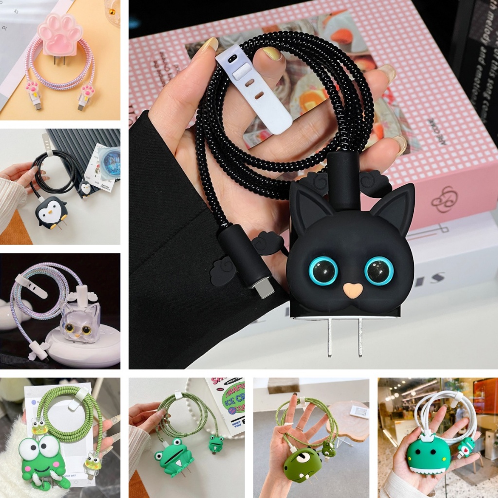1 ชุด มี 5 ชิ้น ฝาครอบป้องกันสายชาร์จลายการ์ตูนน่ารัก iPhone 20W ตัวป้องกันเครื่องชาร์จเพื่อป้องกันการแตกหัก