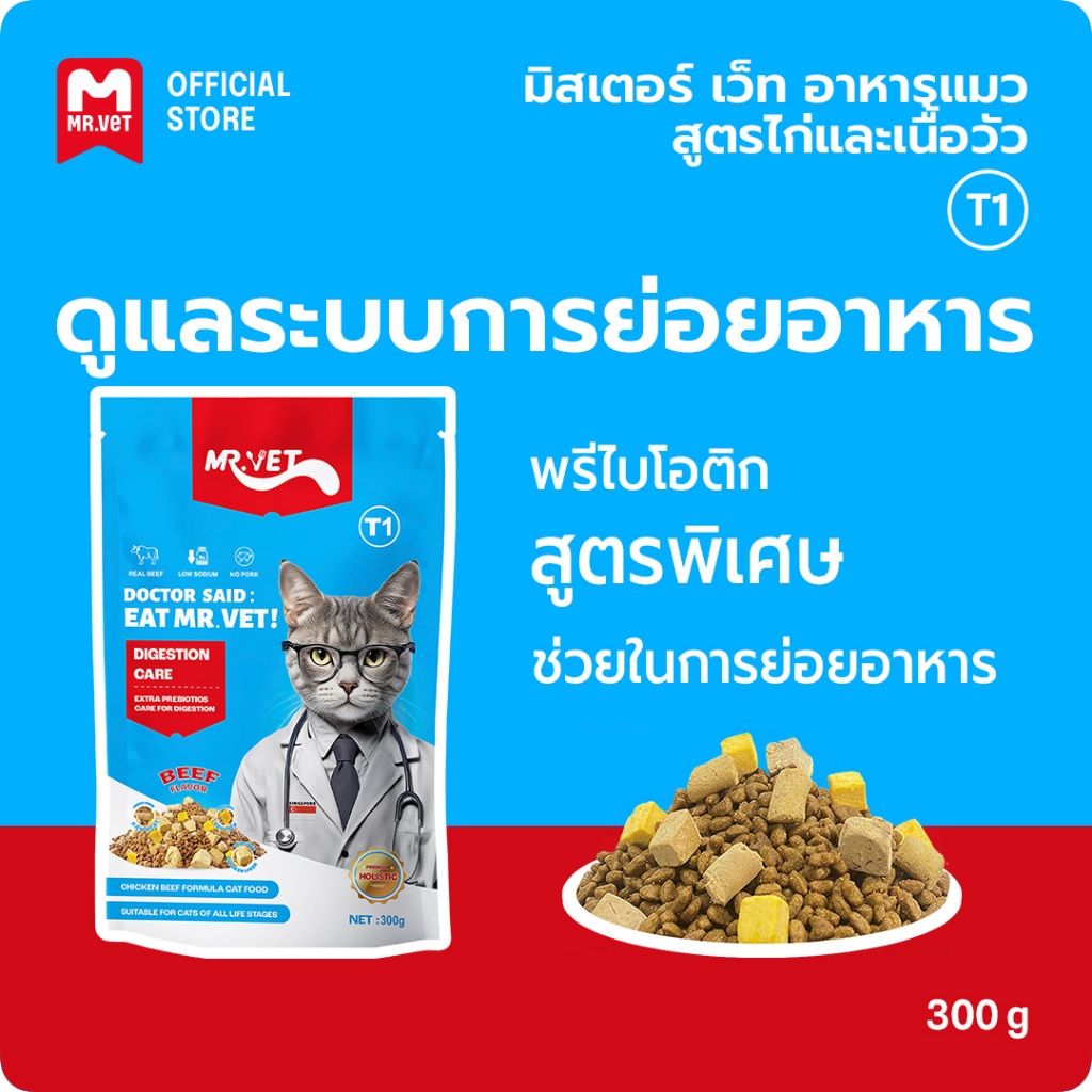 MRVET อาหารเม็ดแมว Holistic T1 แพ็ค 300g. - โปรตีน 30% เหมาะสำหรับแมวทุกช่วงวัย