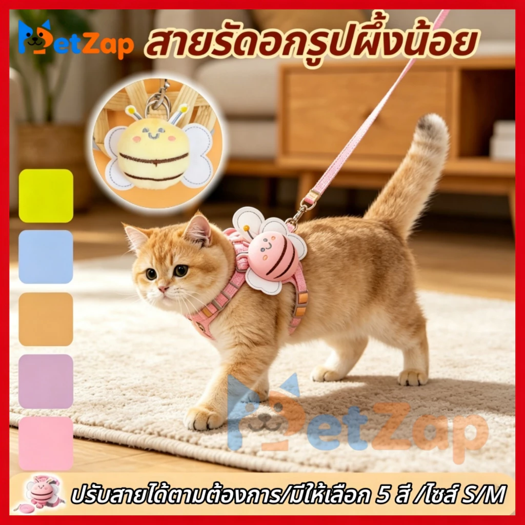 【PetZap】 พร้อมส่ง COD สายจูงสัตว์เลี้ยง รูปร่างผึ้ง สายรัดอกแมว กระต่าย หมาเล็ก นุ่มใส่สบาย ปรับระดับได้ ทนทาน ดี