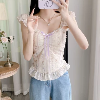 พร้อมส่งในไทย** เสื้อแขนกุด ลายลูกไม้ ผ้าชีฟอง เสื้อลูกคุณ สายหวาน Y336