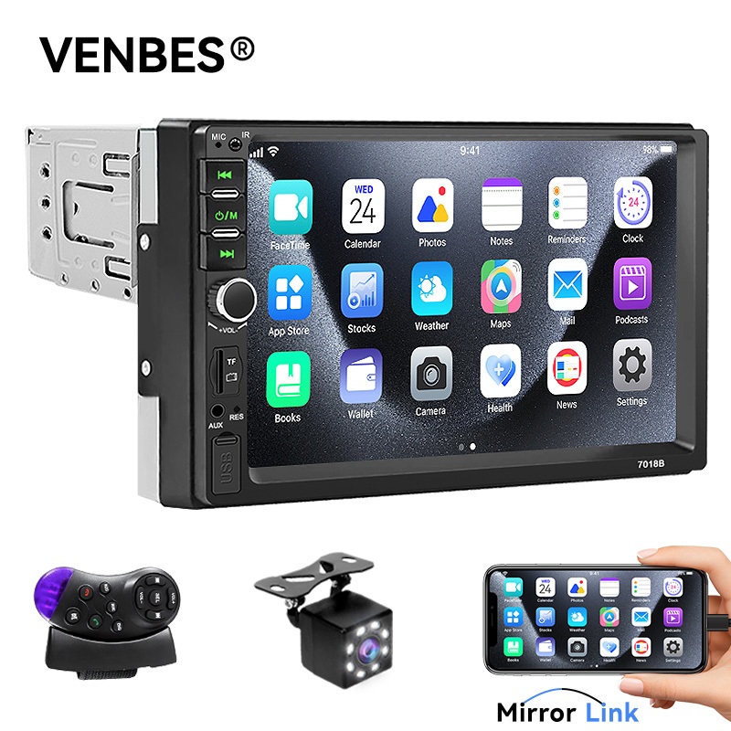 VENBES MP5 เครื่องเล่นมัลติมีเดีย 7 นิ้ว 1 Din วิทยุติดรถยนต์ มิลเลอลิงค์ Bluetooth USB/AUX/TF