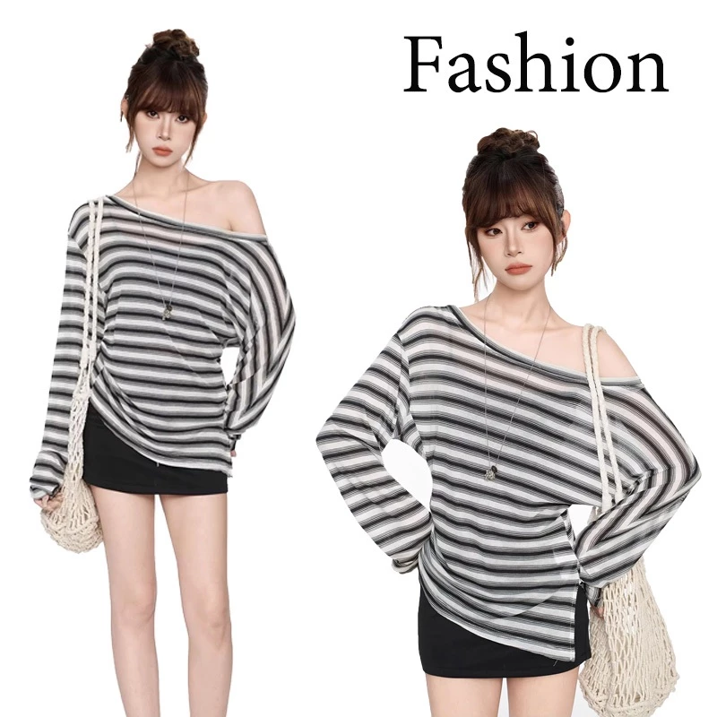 🚚ส่งจากไทย✨เสื้อยืดผู้หญิง เสื้อยืดเเขนยาวลายทาง เปิดไหล่ ทรงหลวม สไตล์เกาหลี สไตล์เลซี่ แมชต์ได้ทุกสไตล์ #F039