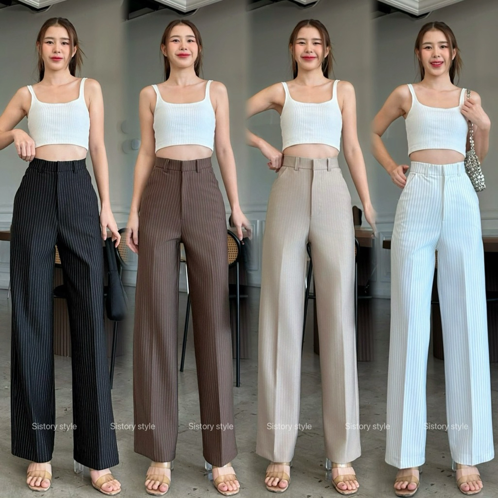 กางเกงเอวสูงขากระบอกกลางริ้วโรเชฟซิปตะขอหน้าSX-XXL