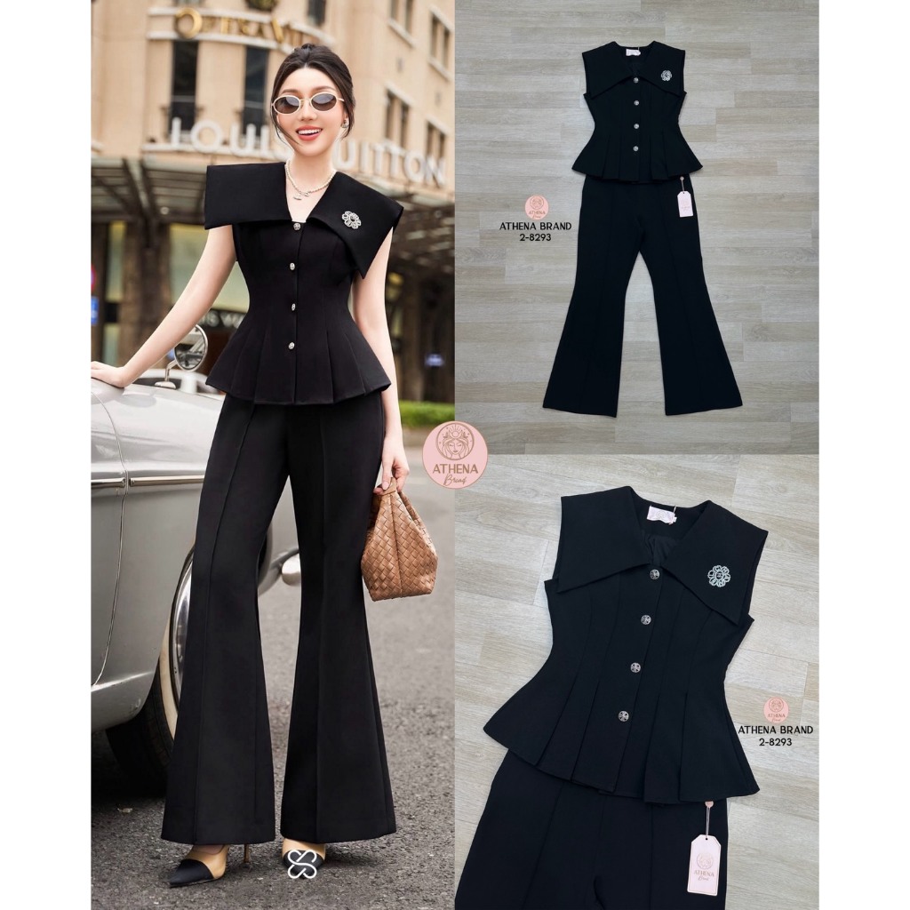 Athena Brand 2-8293 ชุดเซต เสื้อแขนกุดคอปกใหญ่ แมตช์ กางเกงขายาวทรงขาม้า และ เข็มกลัด