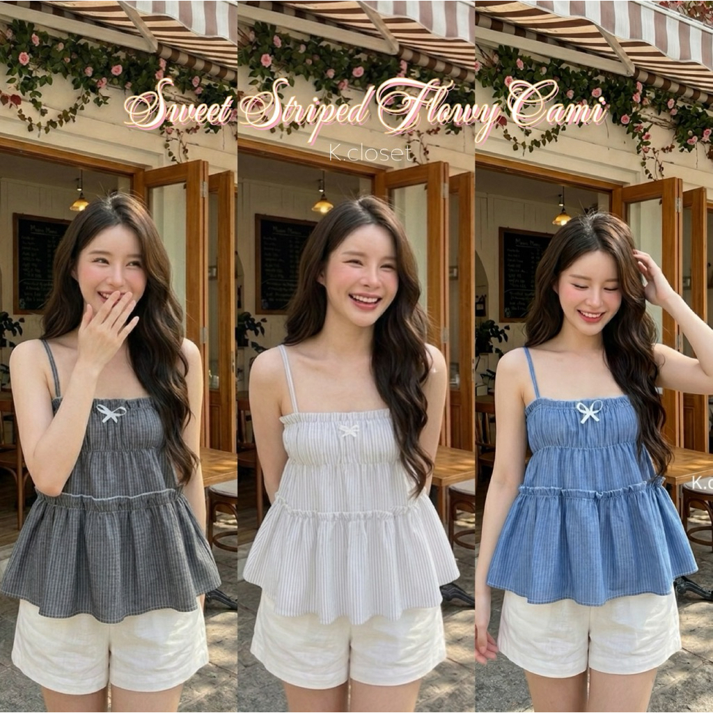เสื้อสายเดี่ยวลายริ้วน่ารักทรงปล่อย แต่งโบว์ลายริ้วทรงน่ารัก (เสื้ออย่างเดียว)