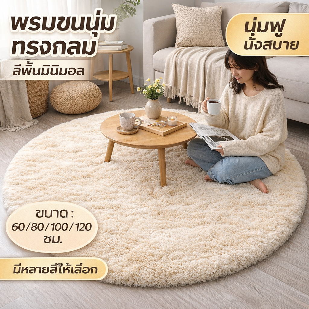 พรมขนฟูทรงกลม สำหรับห้องนอน ข้างเตียง เบาะนั่ง พรมห้องนั่งเล่น พรมโต๊ะกลาง เบาะเก้าอี้