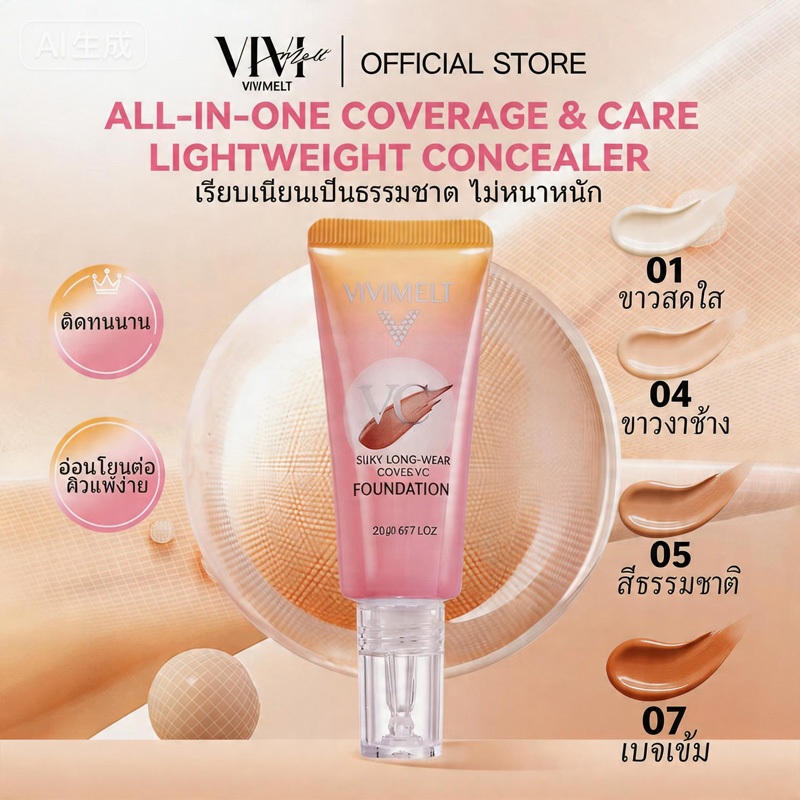 VIVIMELT VC FOUNDATION ปกปิดรอยสิว จุดด่างดำ ติดทนนาน บำรุงผิวให้ขาวใส เหมาะทุกสภาพผิว