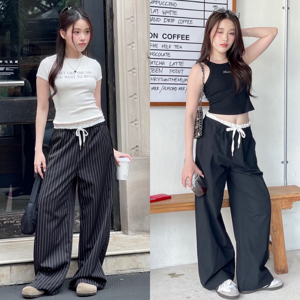 Choosedress A5215 Classy 2-Layer Pants กางเกงขายาวสีดำมีเชือกผูกด้านหน้า