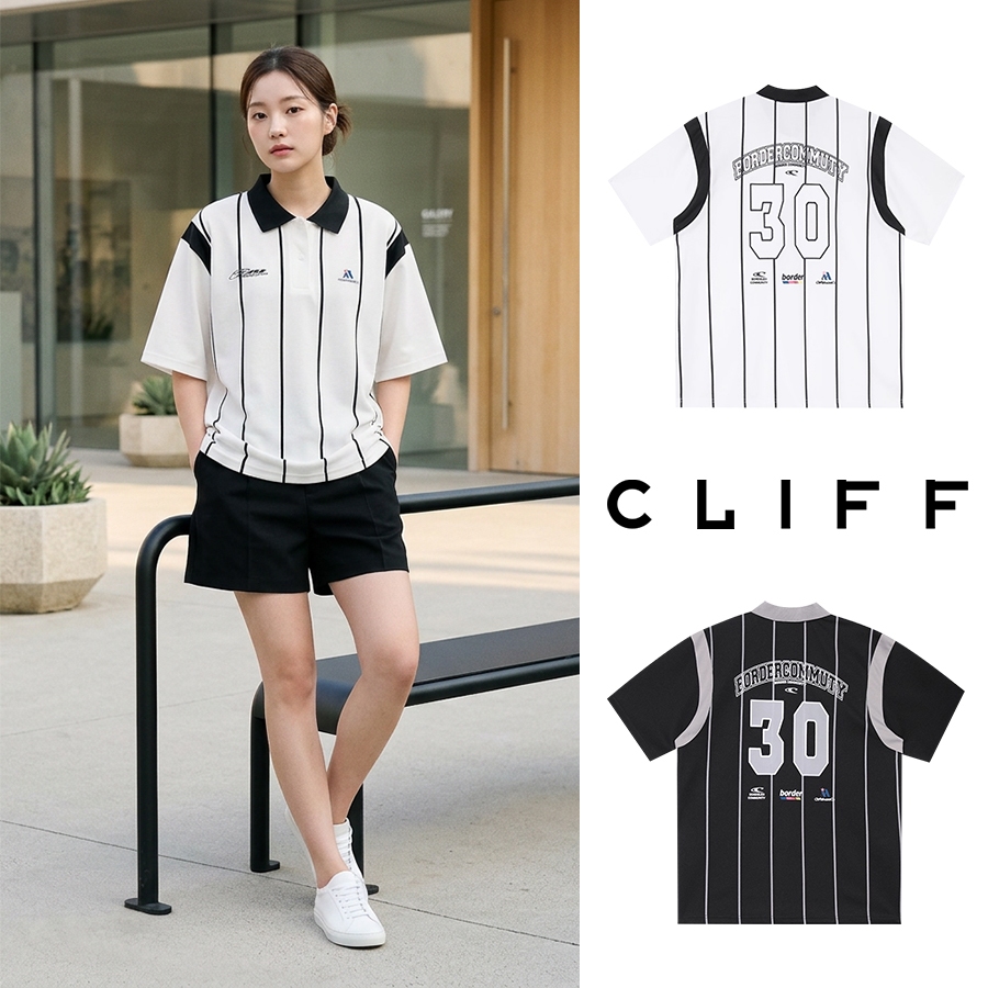 CLIFF เสื้อโปโล แขนสั้นผู้ชาย พิมพ์ลายตัวอักษร ลายทาง กีฬาสไตล์อเมริกันย้อนยุค หลวมใส่สบาย ชุดคู่รัก