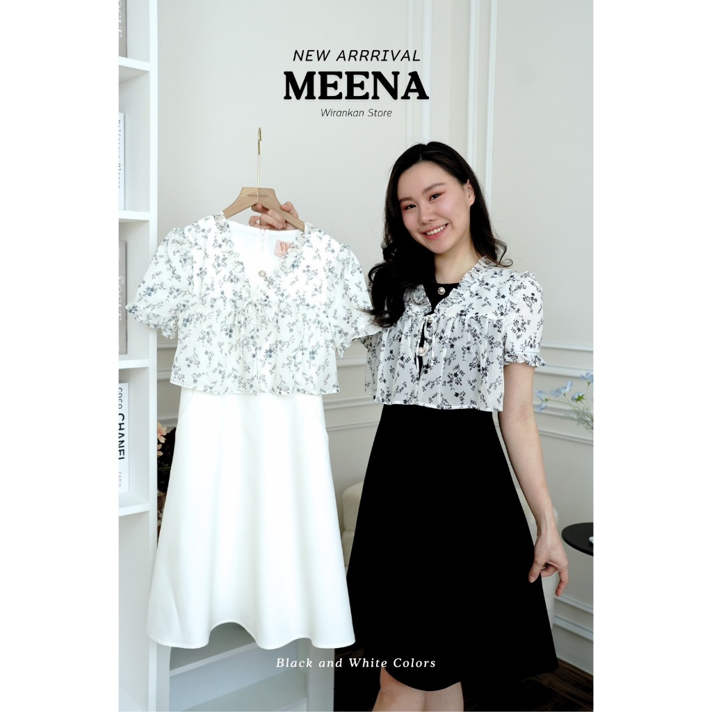 ชุดเดรส WIRANKAN รหัส WG08 Meena-มีนา สีดำ สีขาว กระโปรทรงฟรีไซส์มีกระเป๋า