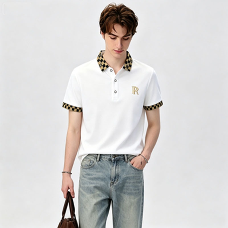 เสื้อโปโลผู้ชาย คอปกลายตารางทองดำ ปักโลโก้PR สีดำ/ขาว ผ้าสบายตัว ฤดูร้อน