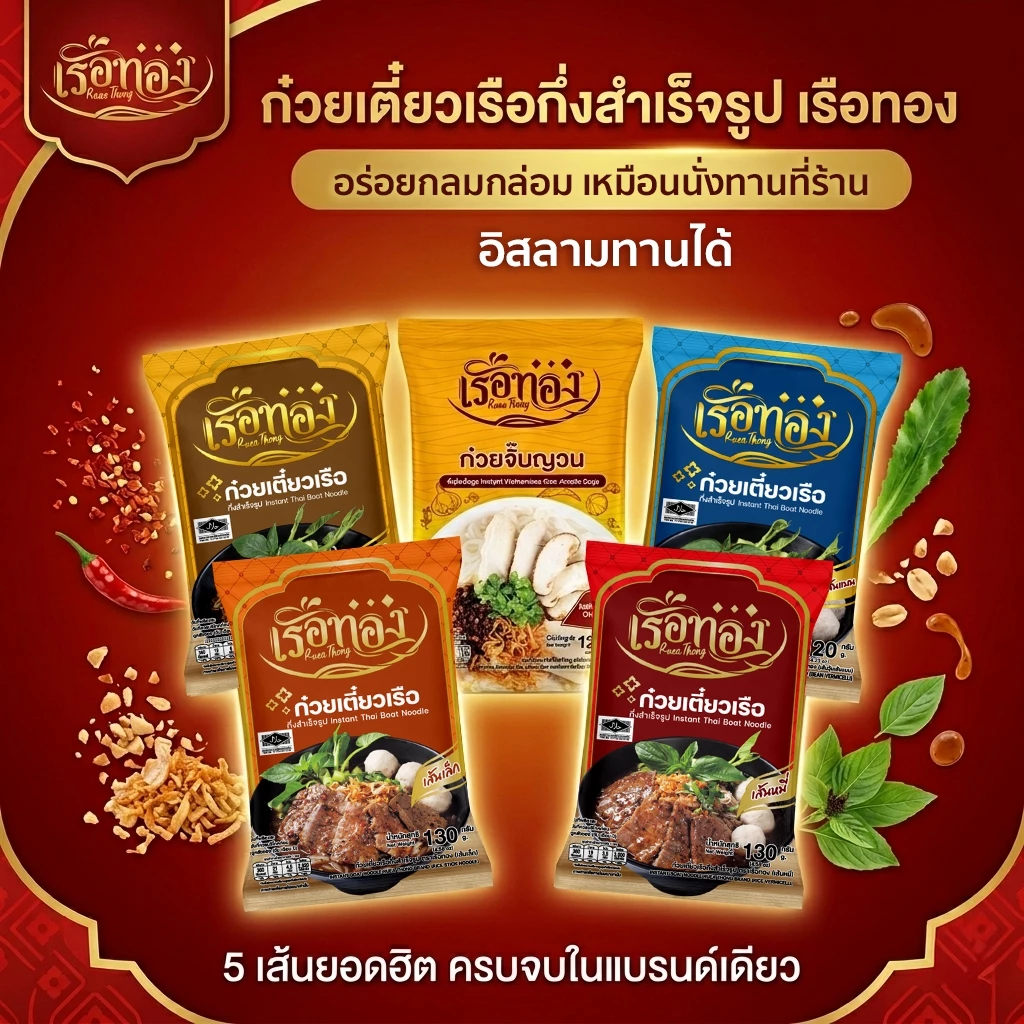 RUEATHONG เรือทอง ก๋วยจั๊บญวน (เซ็ต5ห่อ) เส้นเหนียวนุ่ม น้ำซุปเข้มข้น หอมอร่อย อิสลามทานได้