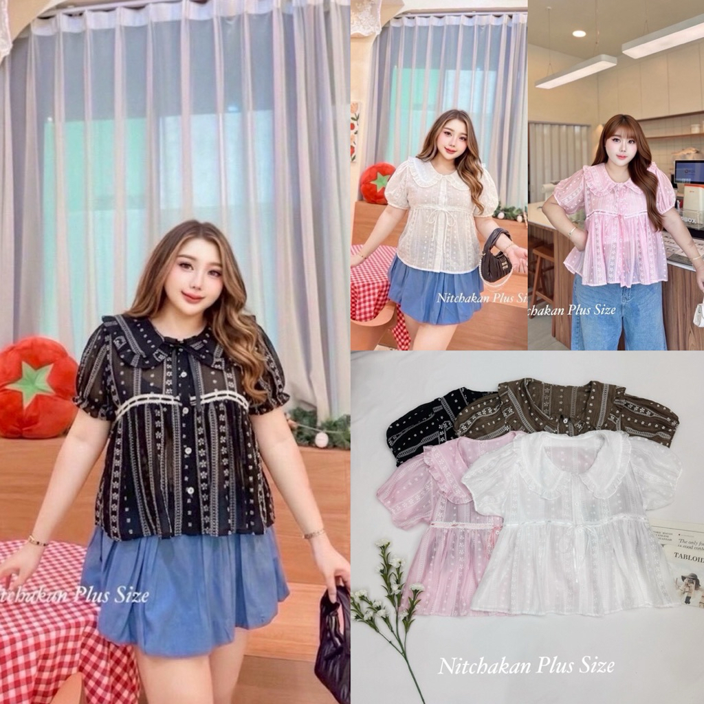 (NK) เสื้อคอบัว แขนตุ๊กตา ผ้าใยไผ่พิมพ์ลาย แต่งผูกโบว์อก น่ารัก ใส่สบาย (อก38-60“) เสื้อผ้าสาวอวบอ้วน ไซส์ใหญ่