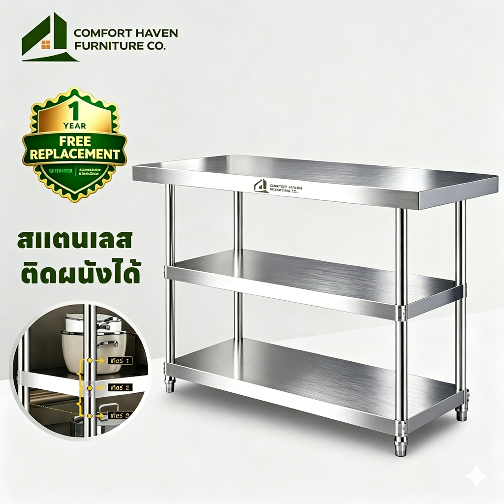 Comfort Haven Furniture Co โต๊ะสแตนเลส โต๊ะแสตนเลส แข็งแรงทนทาน  รับน้ำหนักท ปรับระดับได้  ใช้ได้ทั้งในบ้านและร้านอาหาร