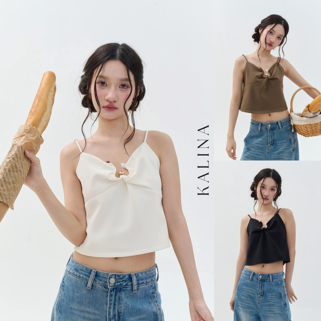 KALINA TOP (เฉพาะเสื้อ) เสื้อสายเดี่ยวทรงสวยดีเทลช่วงอกเว้าและดีไซน์จับย่นเล็กๆ แต่งกระดุมโลหะสีทองลูกปัดขาวและน้ำตาล