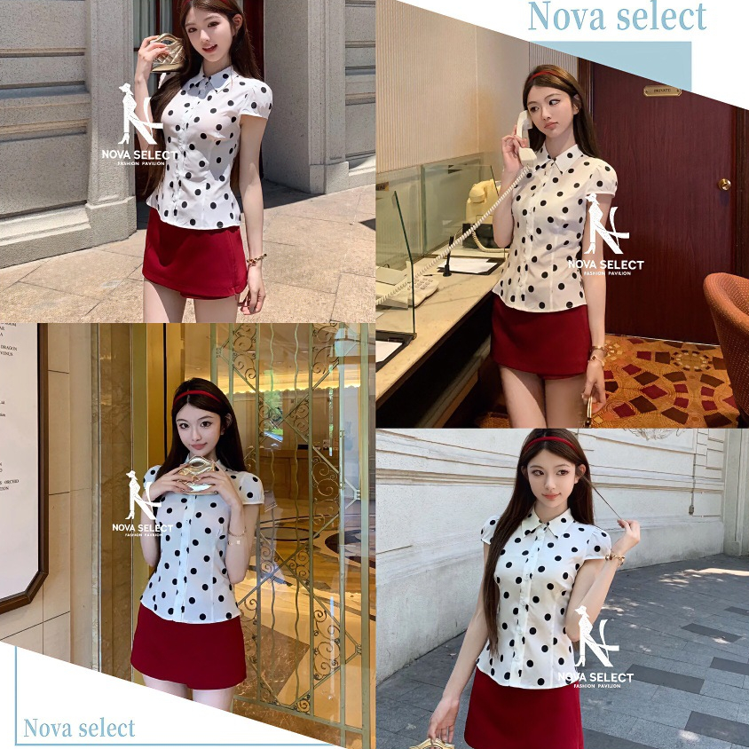 เสื้อลายจุดลุคคุณหนู เกาหลีหวานๆ มีสายผูกเอวด้านหลัง ทรงสวยดูแพง