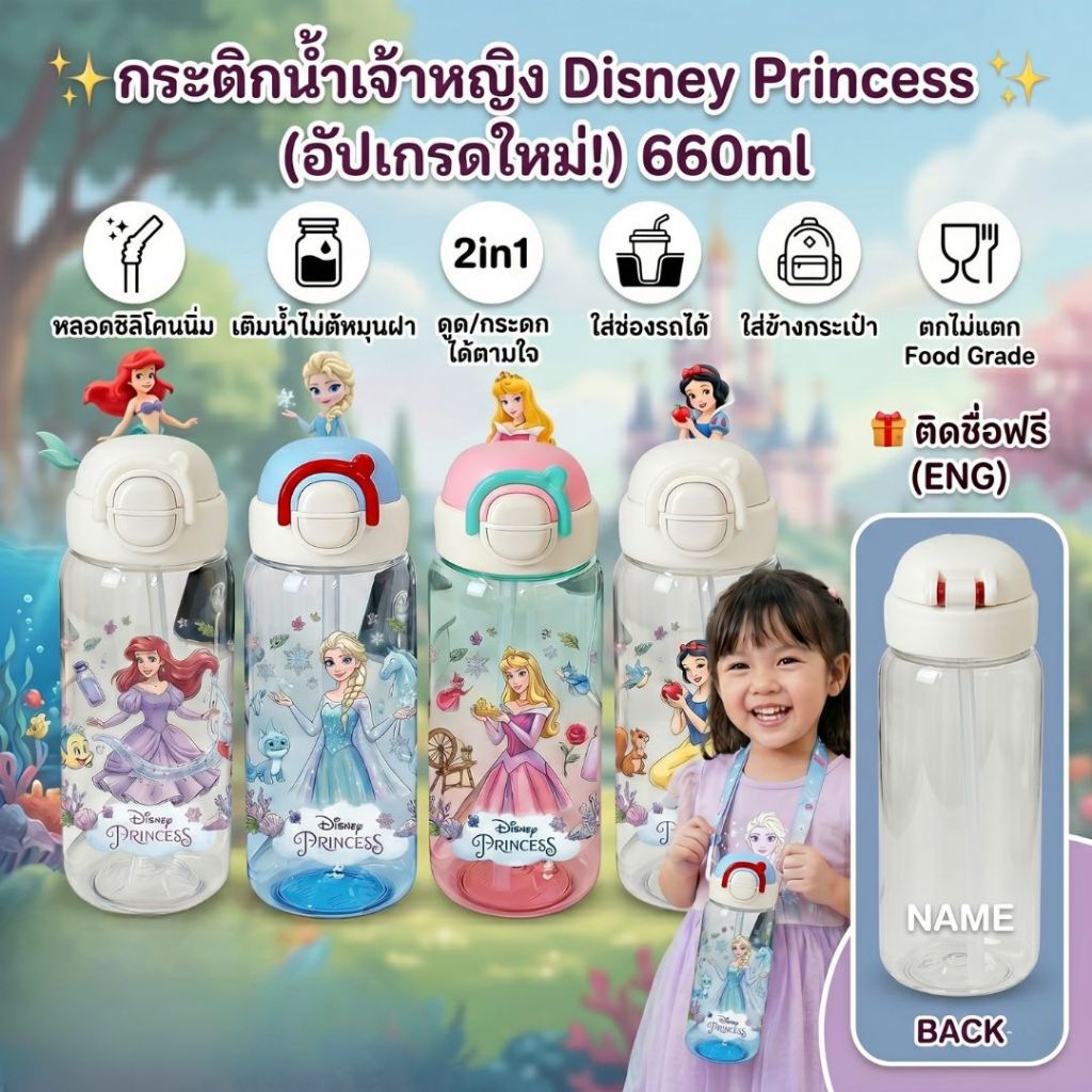 ขวดน้ำเด็ก(รุ่นอัพเกรด) กระบอกน้ำเด็ก 2in1 (ติดชื่อฟรี) กระติกน้ำ ดูดได้/กระดกได้ คว่ำไม่หก 660ml.