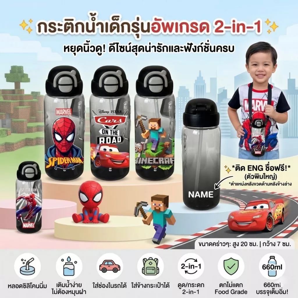 กระติกน้ำเด็ก 2in1 (ติดชื่อฟรี) ขวดน้ำ กระบอกน้ำ ดูดได้/กระดกได้ หลอดกดกระเด้ง เอาหลอดออกได้ 600ml.